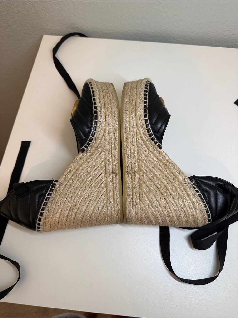 Gucci Black Leather GG Espadrille Wedges with Ribbon Ties - Picture 8 of 14